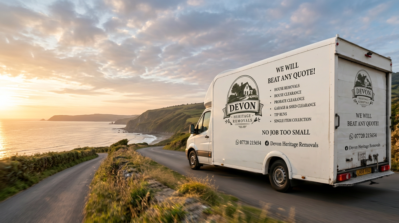 The Devon Heritage Removals van driving along a Devon coastal road at sunset
